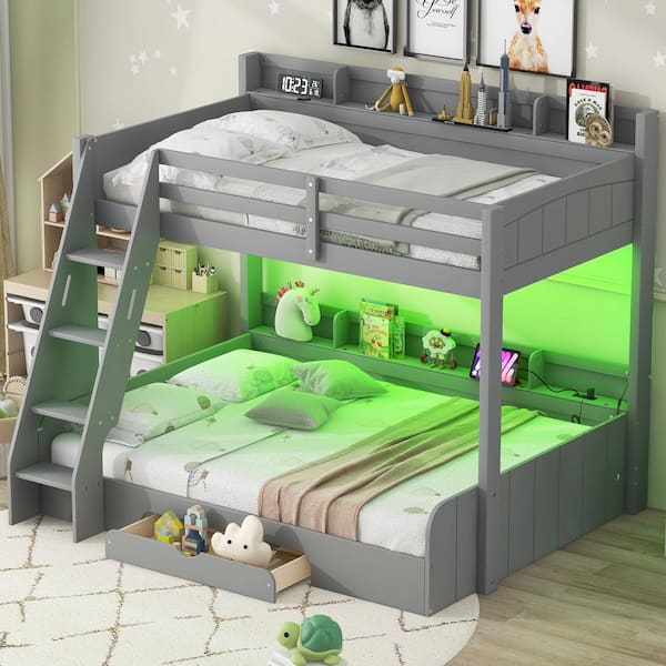 Gray Twin over Full Bunk Bed with Storage Shelves, Drawer, LED Light and Charging Station