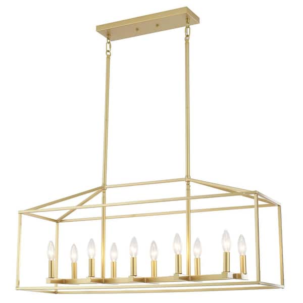 38 in. 10-Light Spray Gold Candle Chandelier Modern Farmhouse Linear Rectangle Pendant w/4 x 9.8 in. Rod for Living Room