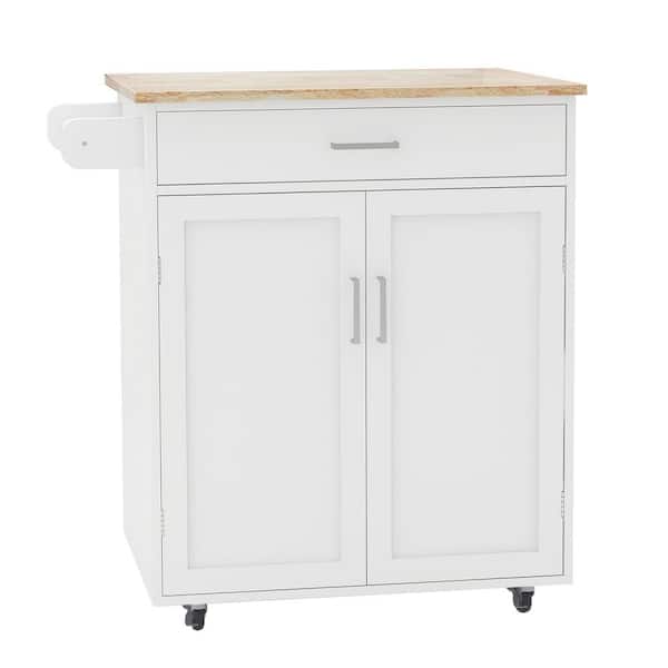 Hooseng Greenwood White Kitchen Cart with Rubber Wood Top and 2-Doors