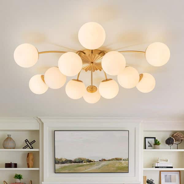 Ceder 39.4 in. W 12-Light Brushed Gold Modern Sputnik Semi-Flush Mount Chandelier w/ Globe Opal Glass and Flower Accent