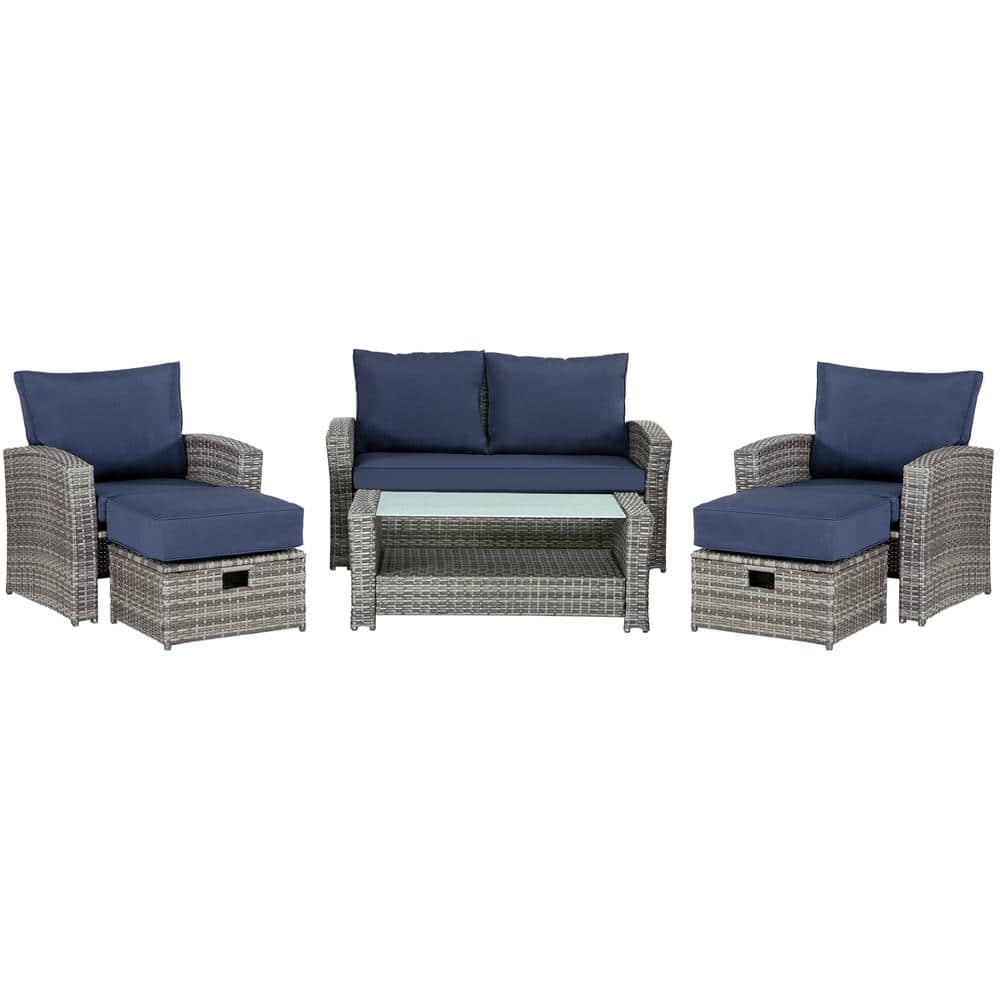 Gray 6-Piece Wicker Outdoor Sectional Set with Coffee Table, Blue Cushions 