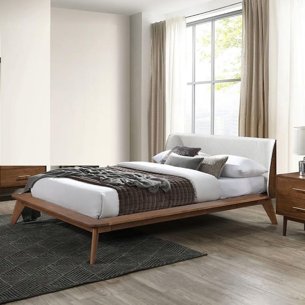 Asher Mid-Century Modern Brown Walnut+Beige Upholstered Boucle Wood Frame Queen Size Platform Bed with Winged Headboard