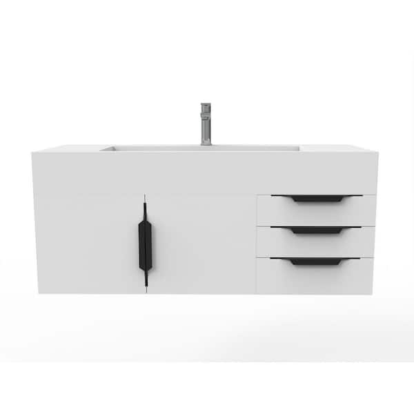 Nile 48 in. W x 19 in. D x 20 in. H Bath Vanity in Matte White with Black Trim and White Solid Surface Top