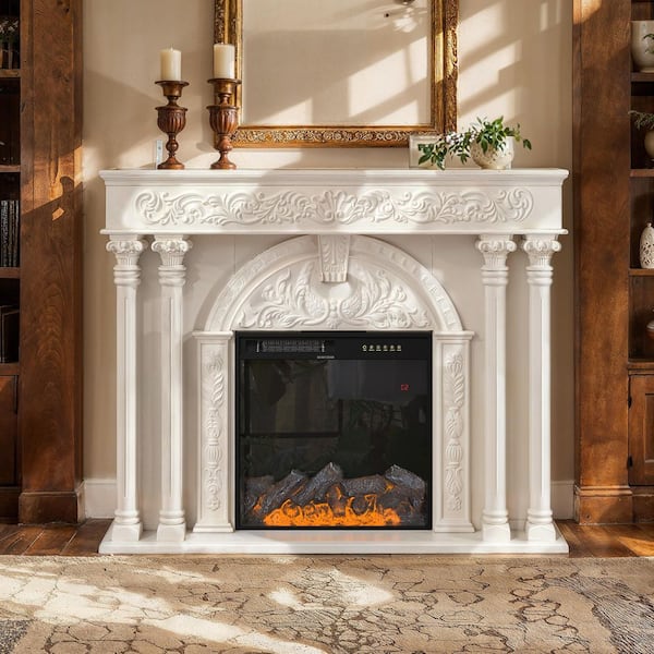 55.1 in. Freestanding Wood Electric Fireplace in White with LED 12-Color Heater Insert, Remote Control, Timer