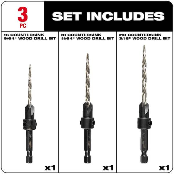 #6/#8/#10 Wood Countersink Drill Bit Set (3-Piece)