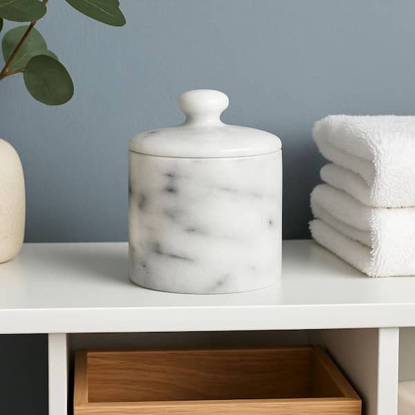 Creative Home Natural Marble Cotton Ball Swab Holder Bathroom