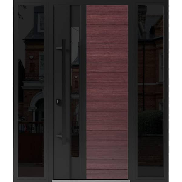 VDOMDOORS 0162 64 in. x 80 in. Right-hand/Inswing 2 Sidelight Tinted Glass Red Oak Steel Prehung Front Door with Hardware