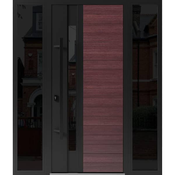 VDOMDOORS 0162 68 in. x 80 in. Right-hand/Inswing 2 Sidelight Tinted Glass Red Oak Steel Prehung Front Door with Hardware