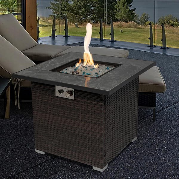 Brown Square Steel 30 in. 40000 BTU Propane Fire Pit Table with Glass Rocks and Rain Cover