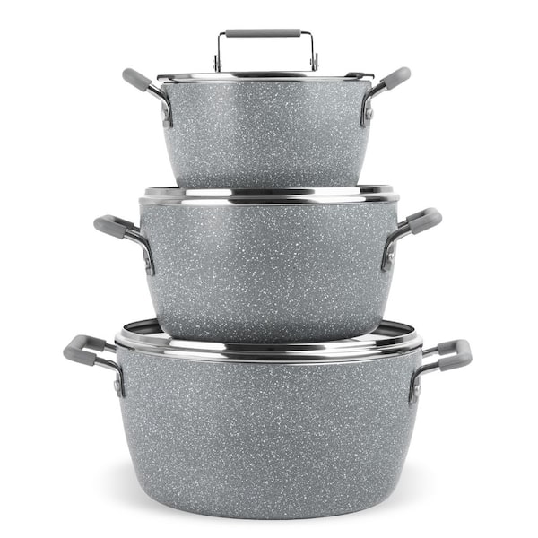 Ceraluxe 6-Piece Speckled Grey Aluminum Ceramic Nonstick Nesting Stock Pots Set