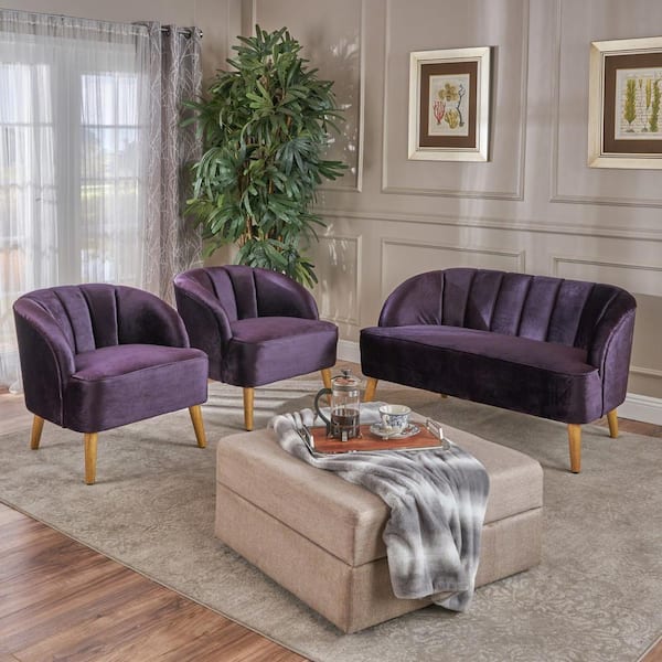 Noble House 3-Piece Blackberry Velvet Loveseat and Club Chair Chat Set