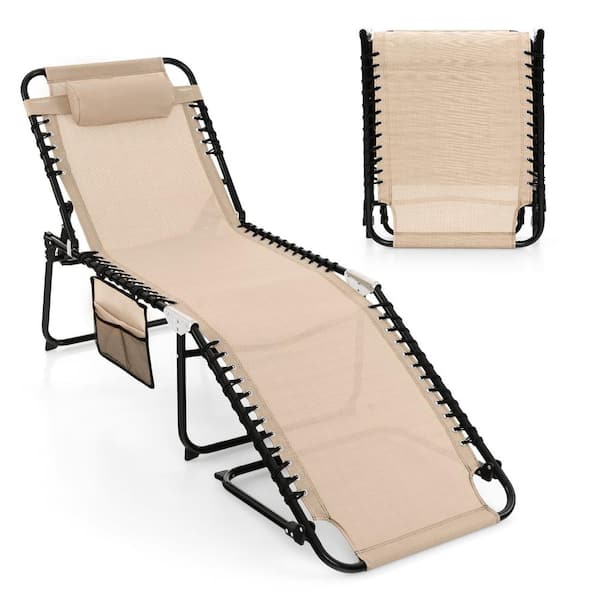 Gymax Beige Fabric Armless Patio Folding Chaise Lounge Portable Lay Flat Reclining Chair with 4-Level Backrest Side Pocket