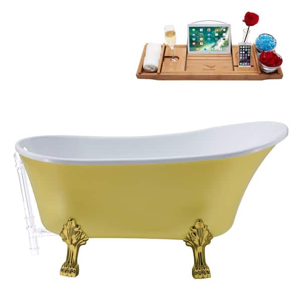 Streamline 63 in. Acrylic Clawfoot Non-Whirlpool Bathtub in Matte Yellow With Brushed Gold Clawfeet And Glossy White Drain
