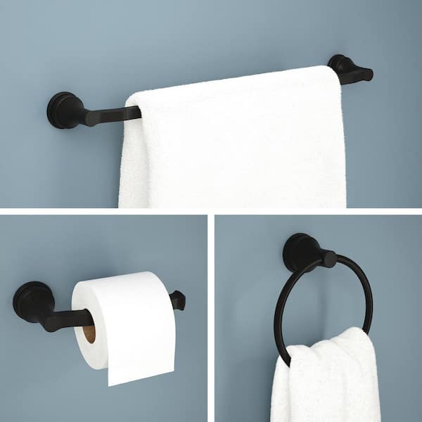 Faryn 3-Piece Bathroom Hardware Set with 18 in. Towel Bar, Toilet Paper Holder, Towel Ring in Matte Black