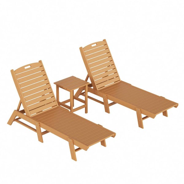 Laguna Teak 3-Piece All Weather Fade Proof HDPE Plastic Outdoor Patio Reclining Chaise Lounge Chairs with Side Table Set