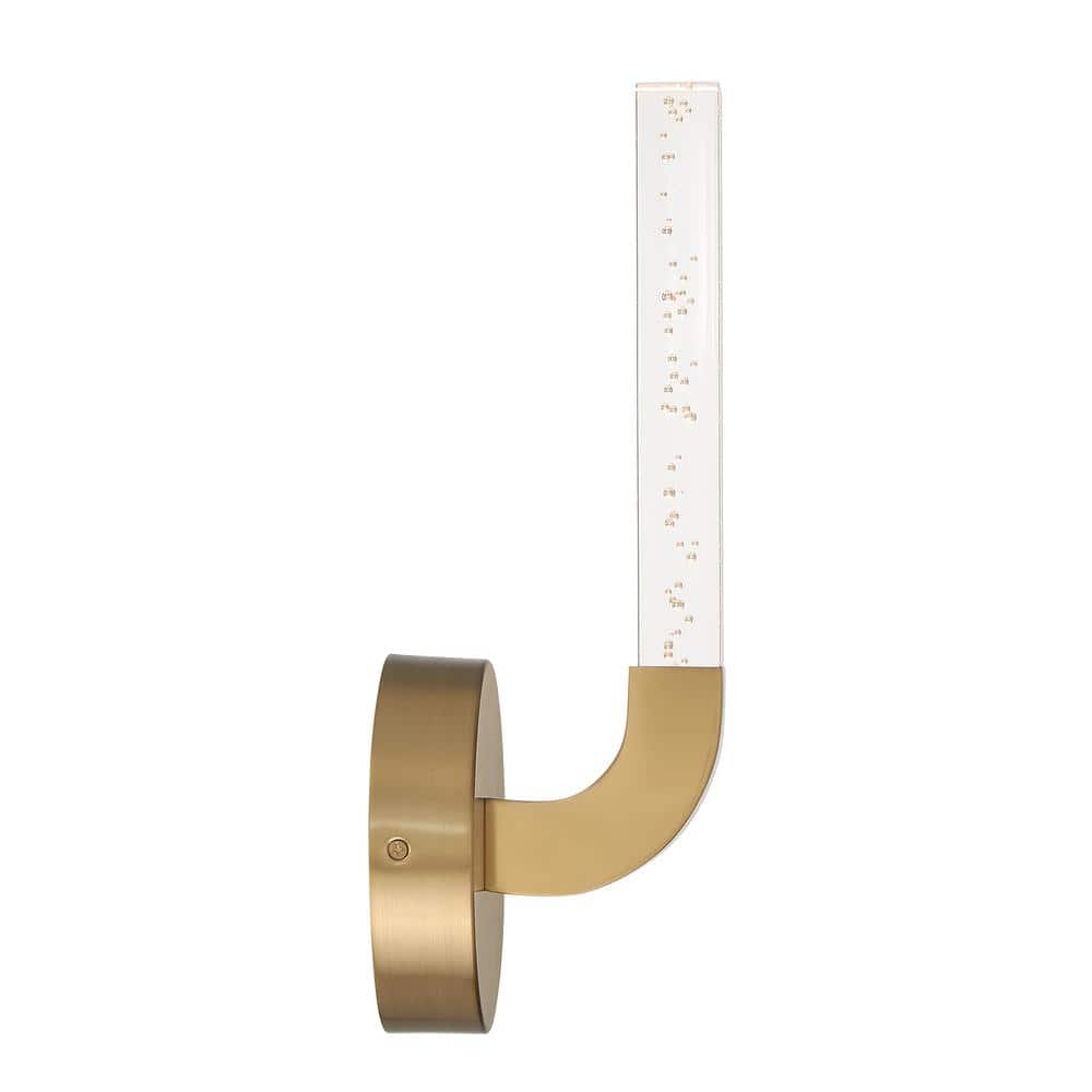 Warm Brass Dimmable LED Wall Sconce with Clear Seeded Acrylic Shade