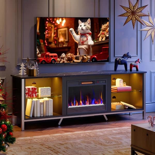 Bestier 70.87 in. Black Marble TV Stand with Fireplace and Glass Shelves Fits TVs up to 75 in. LED Entertainment Center