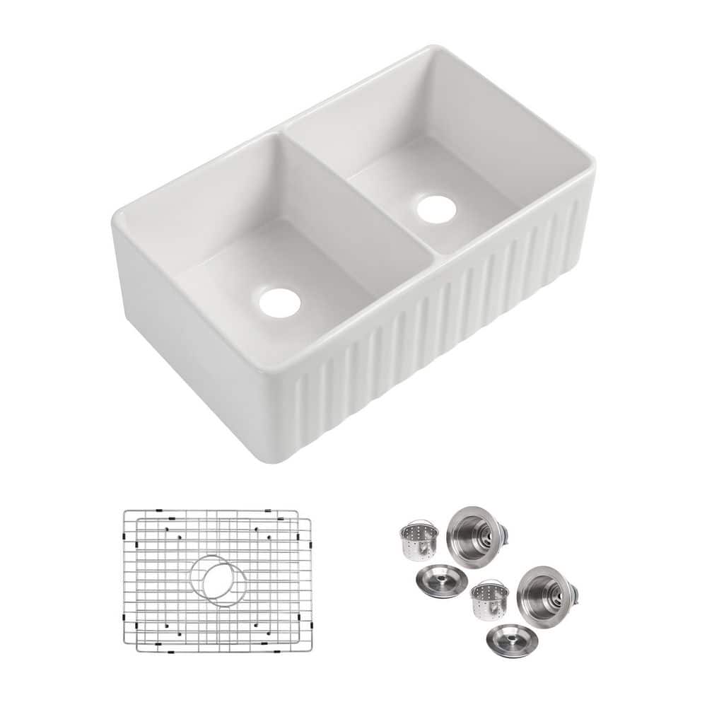 Fireclay 33 in. Double Basin Farmhouse Kitchen Sink With Grid And Strainer