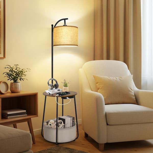 62 in. Rustic Walnut Modern 1-Light Dimmable Arc Floor Lamp for Living Room w/ Fabric Drum Shade w/ USB Port and Storage