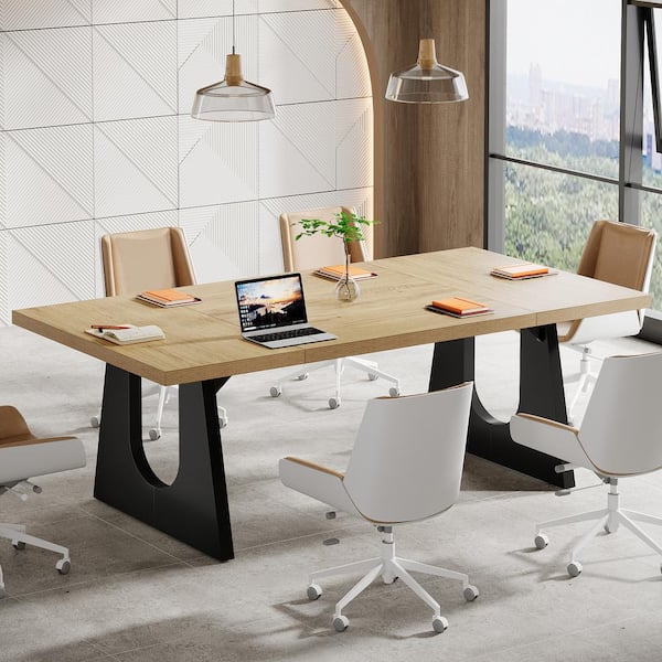 Capen 70.8 in. Rectangular Oak and Black Wood Conference Room Table Meeting Computer Desk for 8