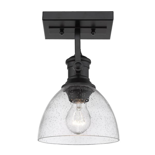 Golden Lighting Hines 7 in. Black with Seeded Glass 1-Light Semi-Flush Mount