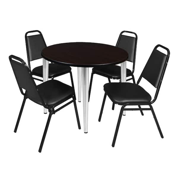 Regency Trueno 36 in. Round Mocha Walnut & Chrome Wood Breakroom Table & 4 Black Restaurant Stack Chairs, Seats 4