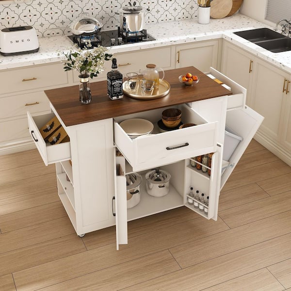 White Wood 46.06 in. W Kitchen Island with Power Outlet, Walnut MDF Top, 3-Drawers, Adjustable Shelf and Wheels