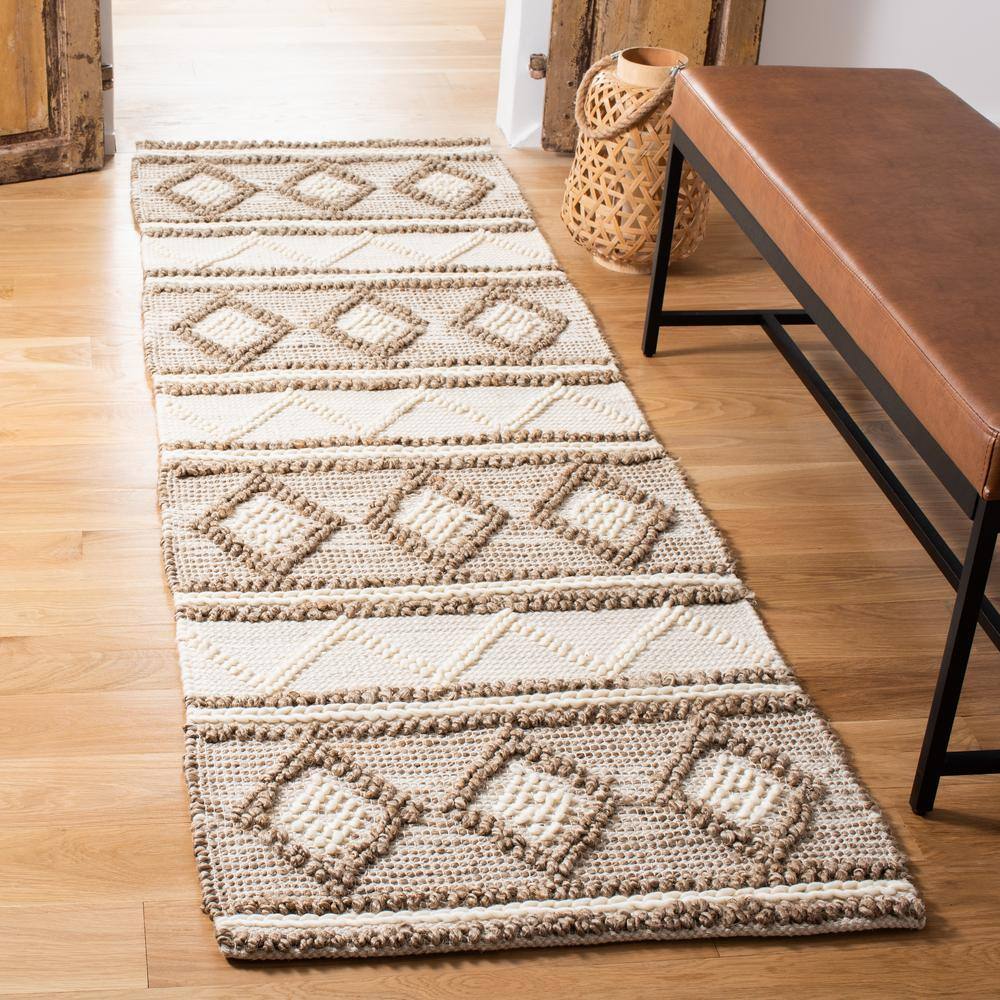 Taupe and Ivory Geometric Wool Cotton Runner Rug