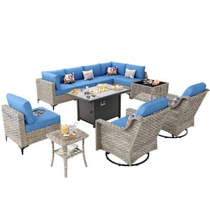 Apollo 11-Piece Wicker Rectangular Fire Pit Sets and Swivel Rocking Chairs with Blue Cushion