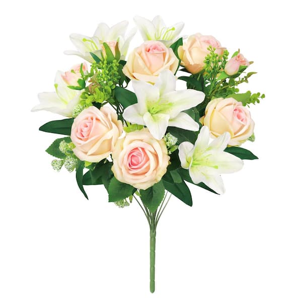 LIVING LUXURY 18 in. Ivory Pink Artificial Mixed Rose Stargazer Lily Flower Stem Bush Bouquet (Set of 2)