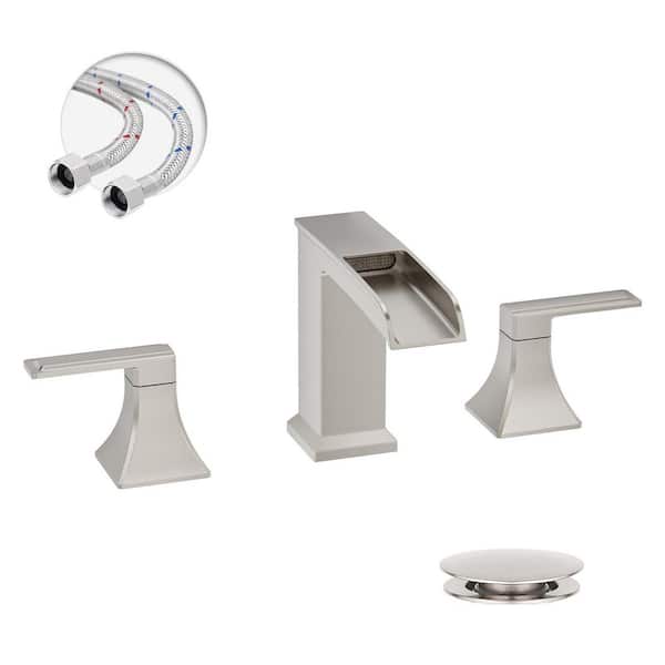 8 in. Waterfall Widespread 2-Handle Bathroom Faucet With Pop-up Drain Assembly in Brushed Nickel