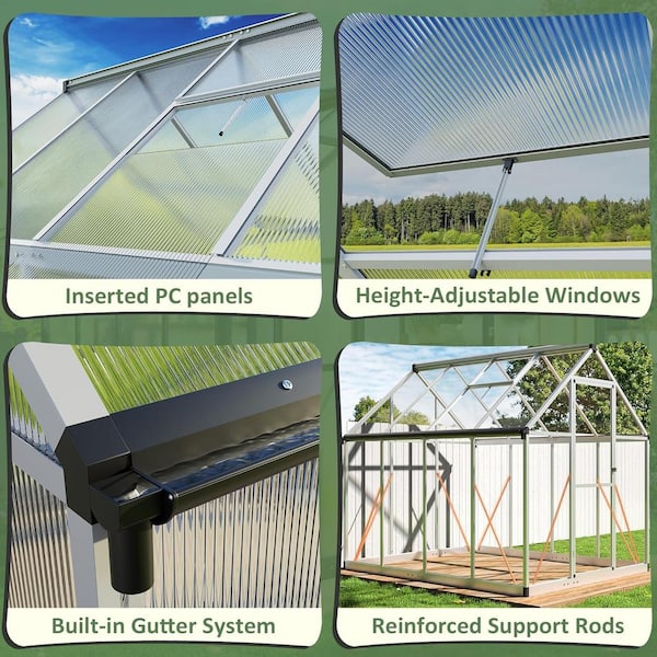8 ft. W x 10 ft. D Greenhouse for Outdoors, Polycarbonate Greenhouse with Quick Setup Structure and Roof Vent, Silver