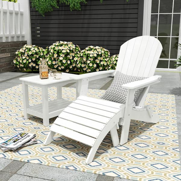 WESTIN OUTDOOR Vineyard White Plastic Outdoor Patio Folding Adirondack Chair and Ottoman with Side Table 3-Piece Set