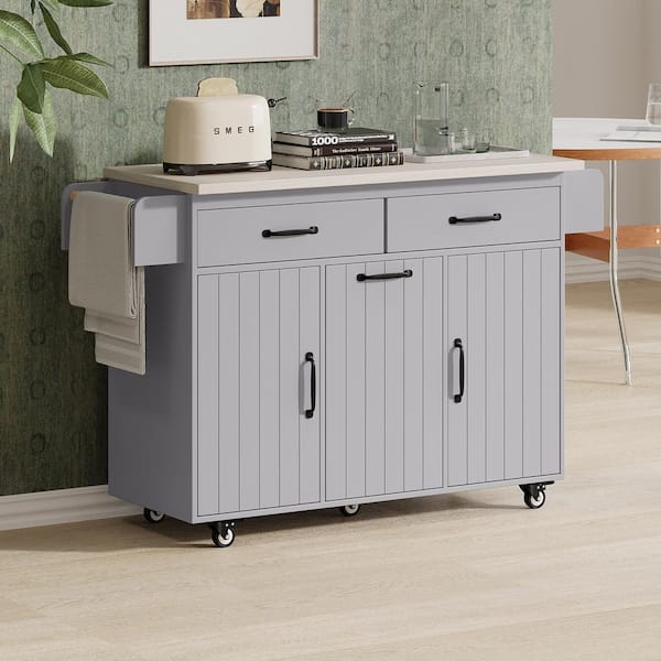 Coporesell Grey Rubber Wood Kitchen Cart with Drop Leaf and Trash