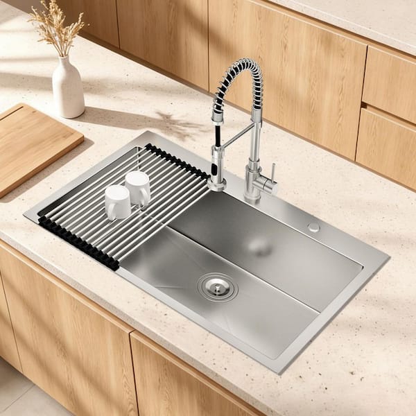 33 in. x 22 in. Drop In Single Bowl 16-Gauge Brushed Nickel Stainless Steel Kitchen Sink with Accessories