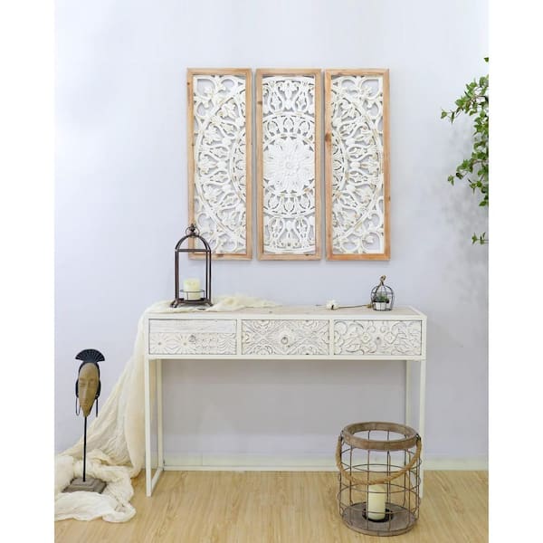  Deco 79 Wood Floral Intricately Carved Wall Decor, 36 x 2 x  17, White : Home & Kitchen