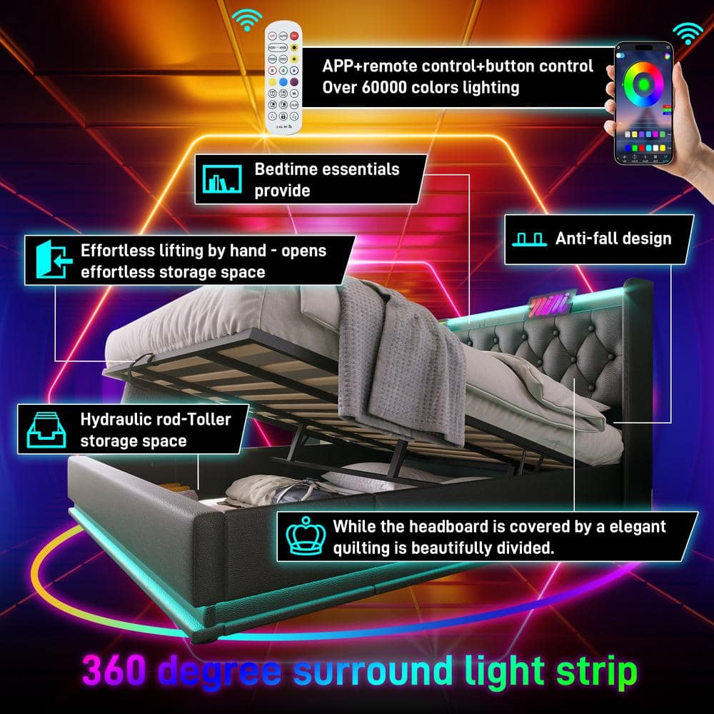 Black Wood and Metal Frame Upholstered PU Queen Platform Bed with Hydraulic Storage, USB Charging and 360° LED Light - thumbnail 6