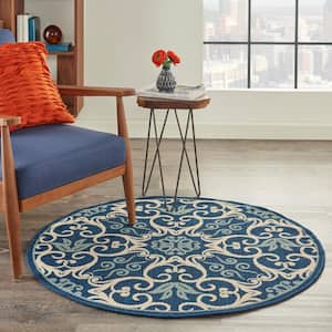 Caribbean Navy 4 ft. x 4 ft. Round Botanical Transitional Indoor/Outdoor Patio Area Rug