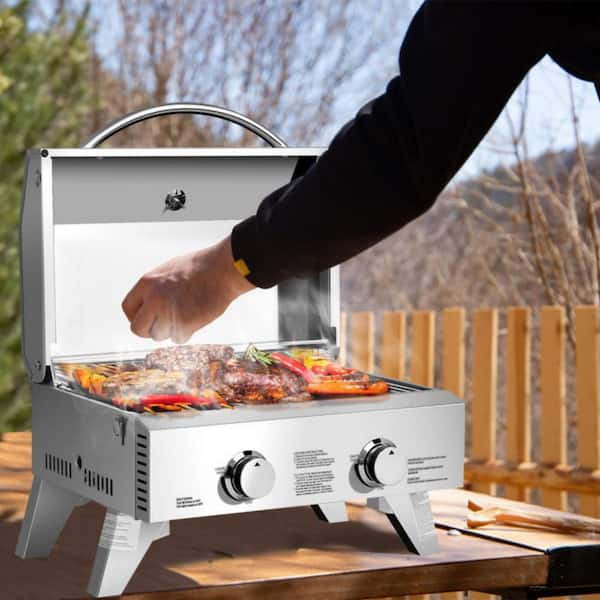 20000 BTU Portable Square 2 Burner Stainless Steel BBQ Table Top Propane Gas Grill in Black w Folding Leg, Locking Cover