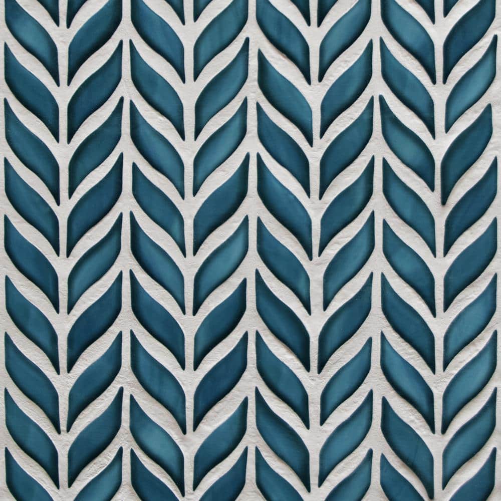11.3" x 10.7" Blue Glazed Leaf Waterjet Recycled Glass Mosaic Tile