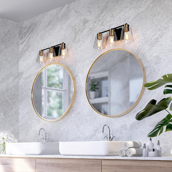 Modern Bell Bathroom Vanity Light 3-Light Black and Brass Wall Sconce Light with Clear Glass Shades