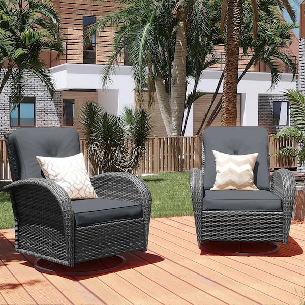 PATIOGUARDER 2-piece Gray Wicker 360° Swivel Outdoor Rocking Chair with Dark Gray Cushion