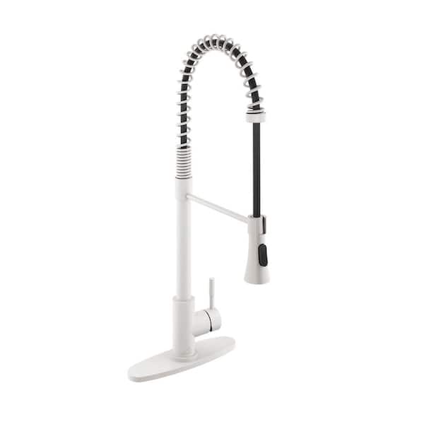 Boyel Living 2-Spray Patterns Single Handle Pull Down Sprayer Kitchen Faucet with Deck Plate and Water Supply Hoses in Matte White