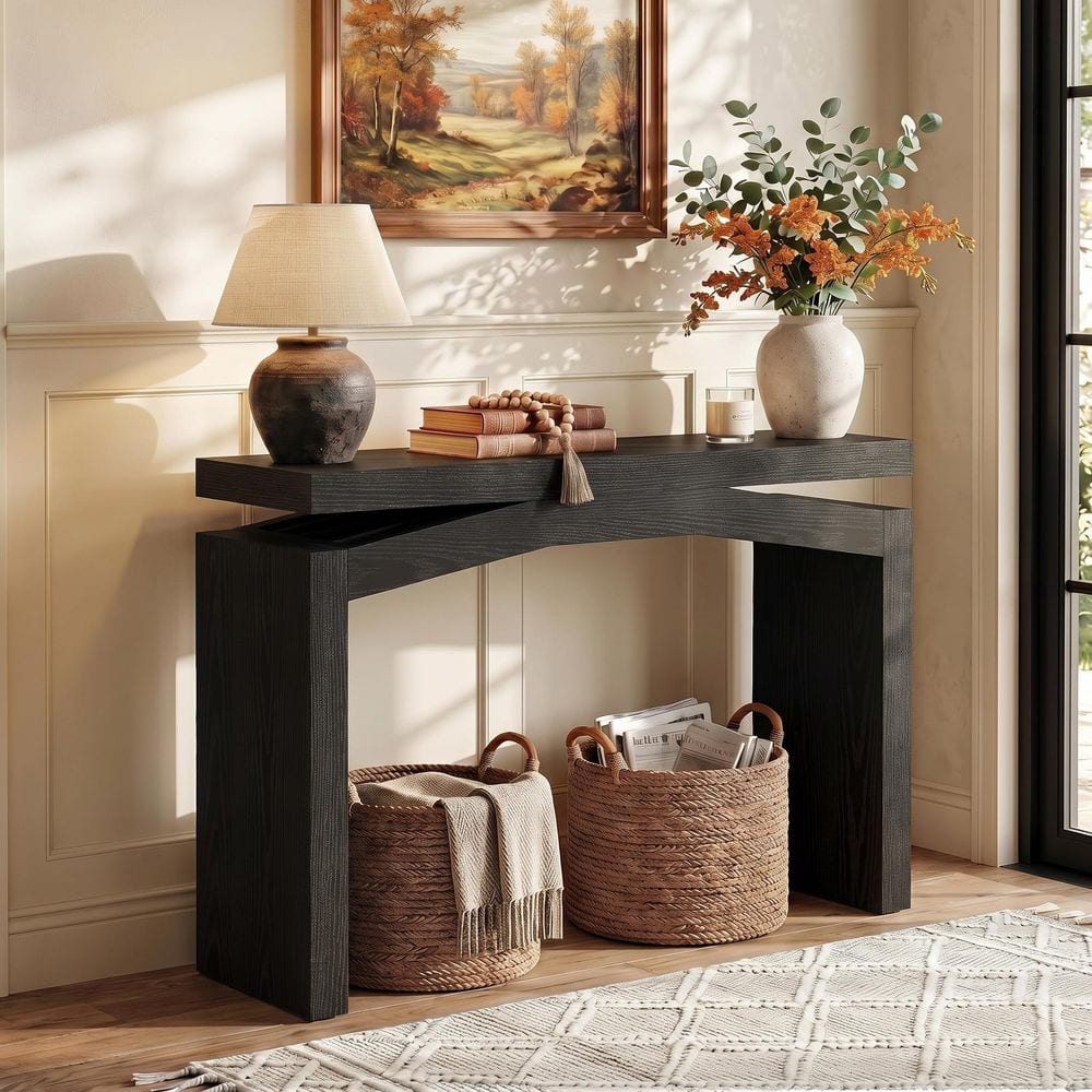 Turrella 40 in. Black Rectangle Engineered Wood Console Table, Small Entry Table with Arched Design
