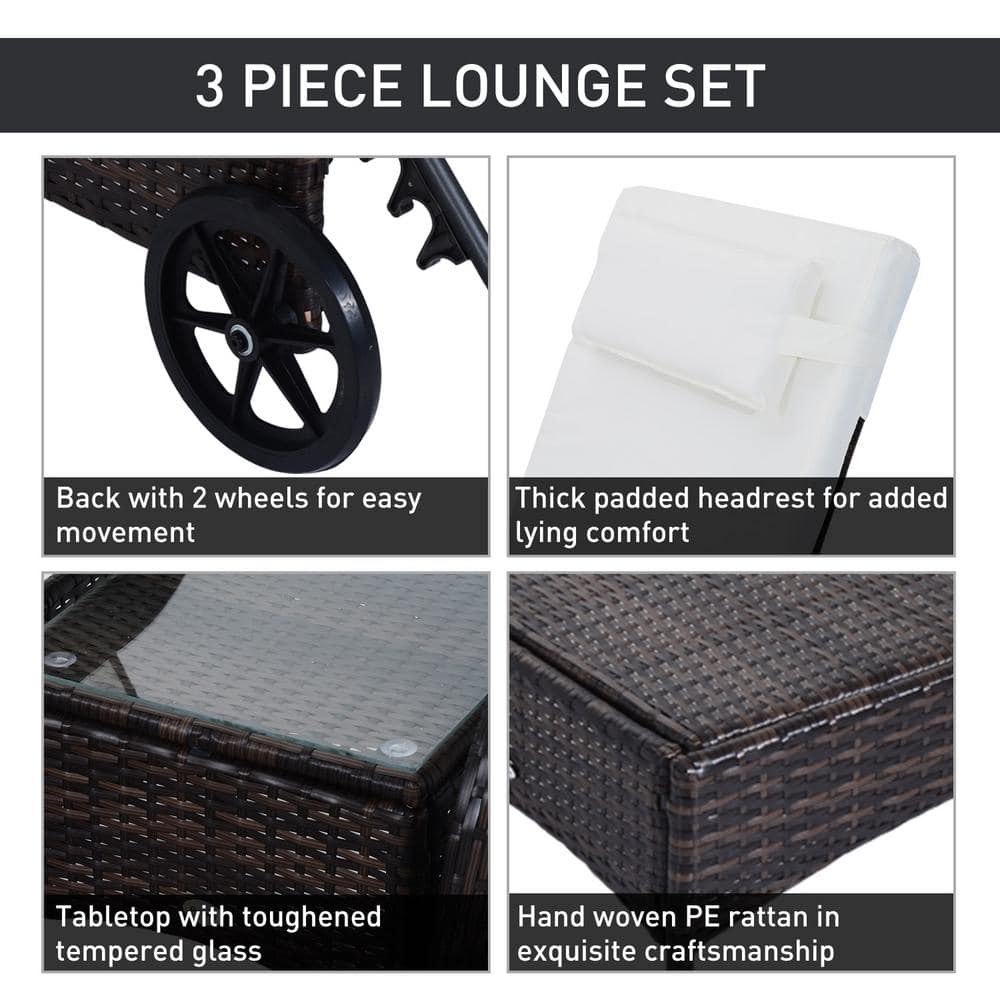 Brown and White Rattan Wicker Outdoor Chaise Lounge Set with Cushions