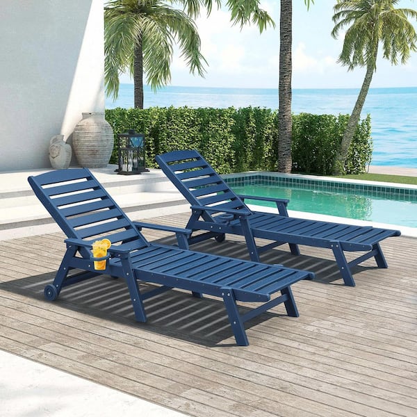 Navy Blue 2-Piece Rust Resistant HDPE Plastic Outdoor Patio Reclining Chaise Lounge Chairs with Adjustable Back