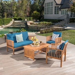 Brown 4-Piece Wood Patio Conversation Set with Acacia Wood Table and Teal Blue Cushions