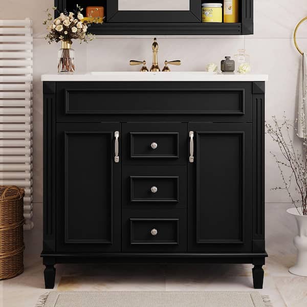 36 in. Single Sink Freestanding Black Bath Vanity with White Ceramic Top, 2 Soft Closing Doors