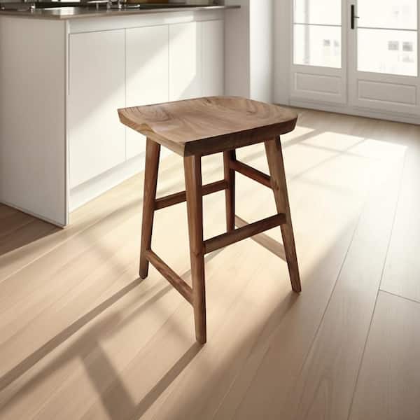 Tisa Natural Brown Acacia Wood Backless Counter Height Stool with Handcrafted Saddle Seat