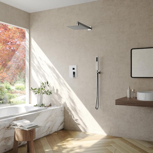 4-Spray Patterns with 10 in. Dual Wall Mount Shower Heads with Hand Shower in Brushed Nickel 2.5 GPM with Sink Faucet